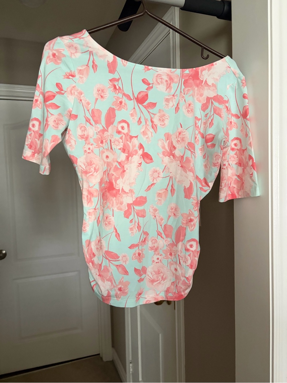 Guess Floral Off-Shoulder Top in Mint and Coral Pink